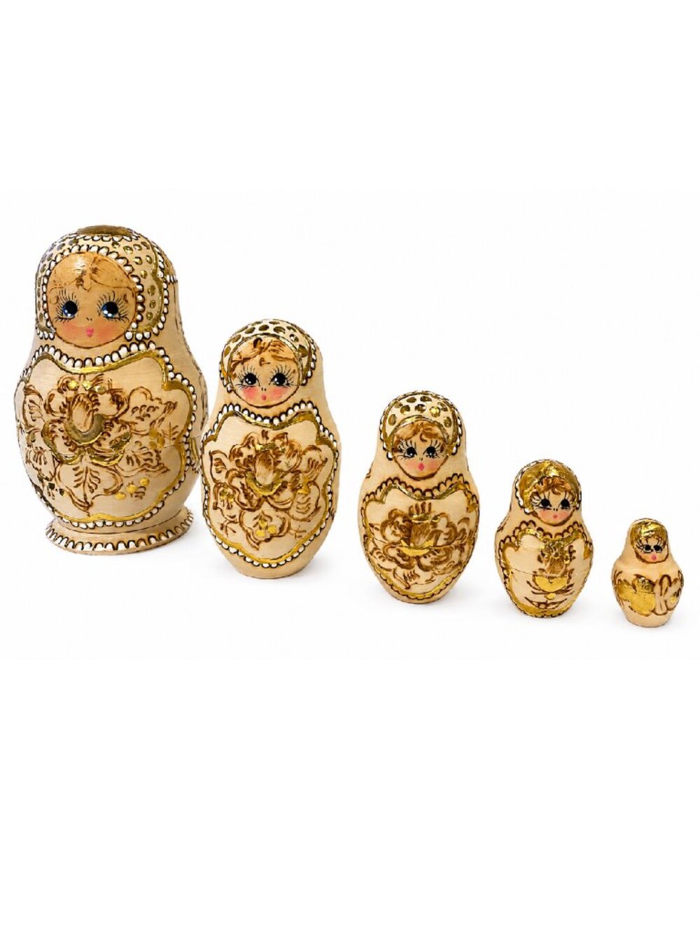 Russian Matryoshka Wooden Nesting Doll Cream Colored Set Hand Painted 5-Pieces